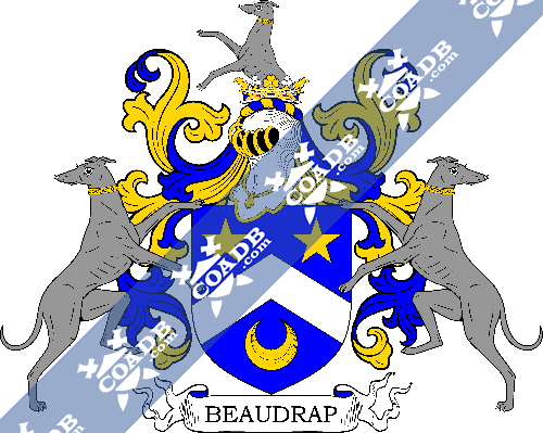 Beaudrap Coat of Arms with crest and supporters.png